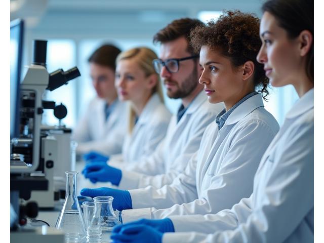 Diverse team of scientists and researchers in a modern lab setting collaborating on formulas for men's health supplements.