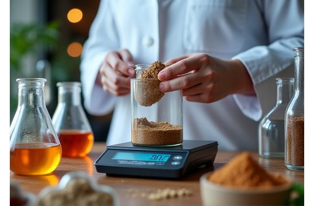 Scientist working with diverse ingredients in a lab setting