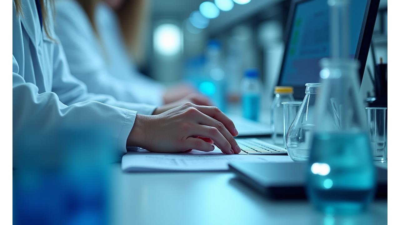 Close up of hands working in a modern lab with beakers and scientific equipment