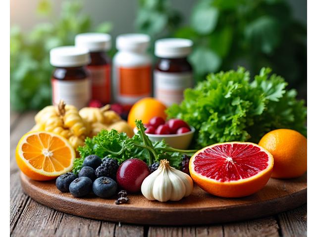 Various colorful fruits and vegetables, signifying healthy nutrition and immunity