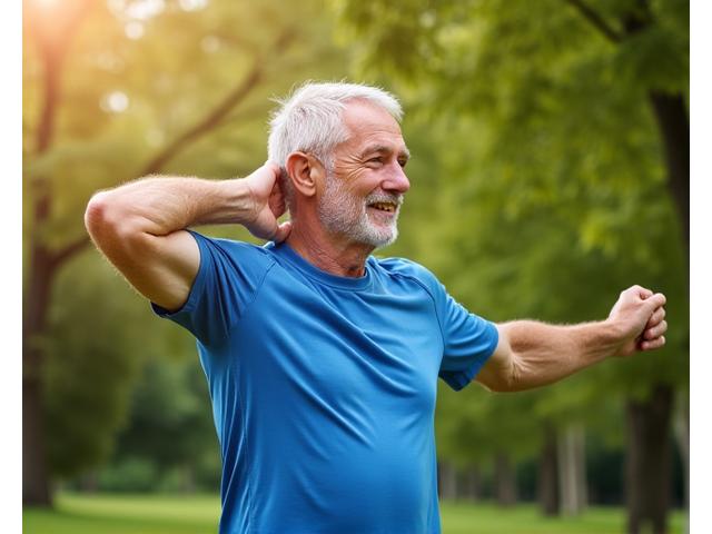 Older man stretching gently outdoors, symbolizing flexibility and joint health